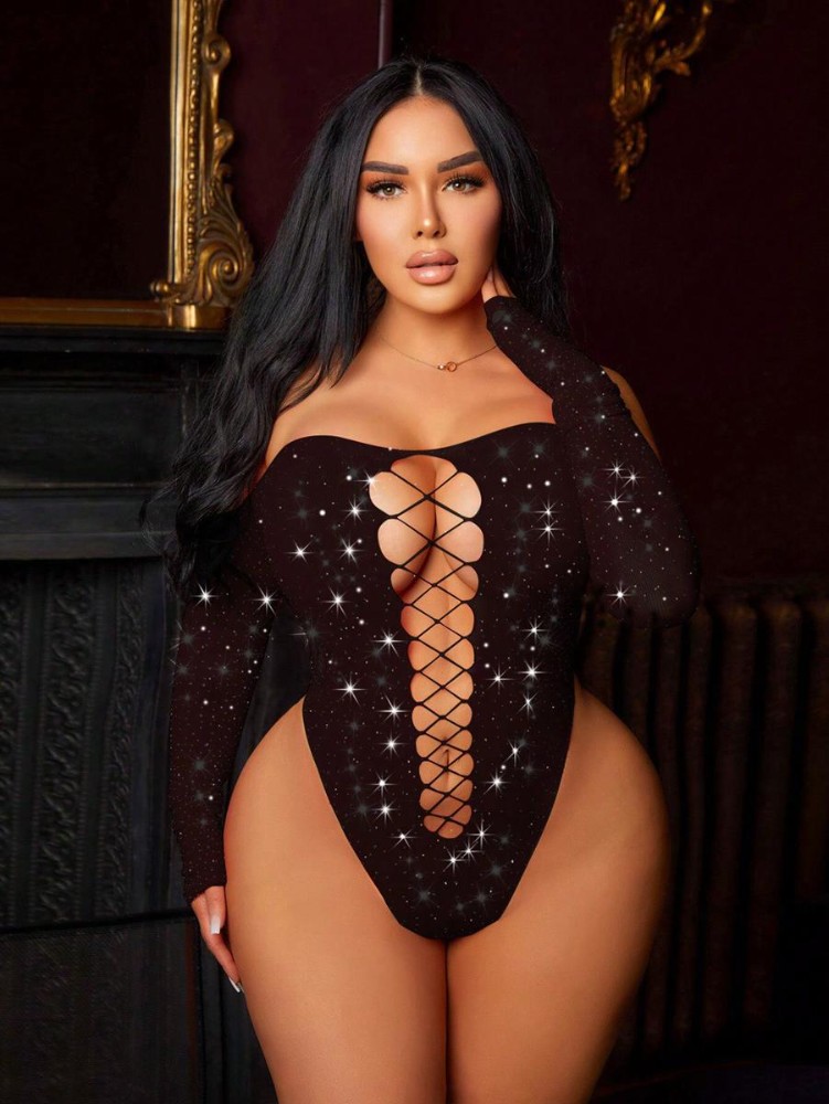 Eldivenli Siyah Taş Baskılı Seksi Vücut Çorabı