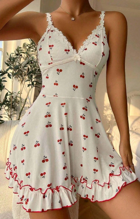 Kadın Beyaz Kiraz Baskılı Mini Elbise Askılı Şık Elbise