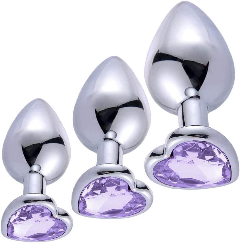 Kalp Desenli Taşlı 3 Farklı Boyutta Metal Anal Plug Seti