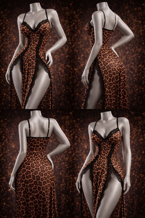 Leopar Desenli Yırtmaçlı G-String Tanga Dahil Seksi Kadın Fantezi Gecelik Takımı 