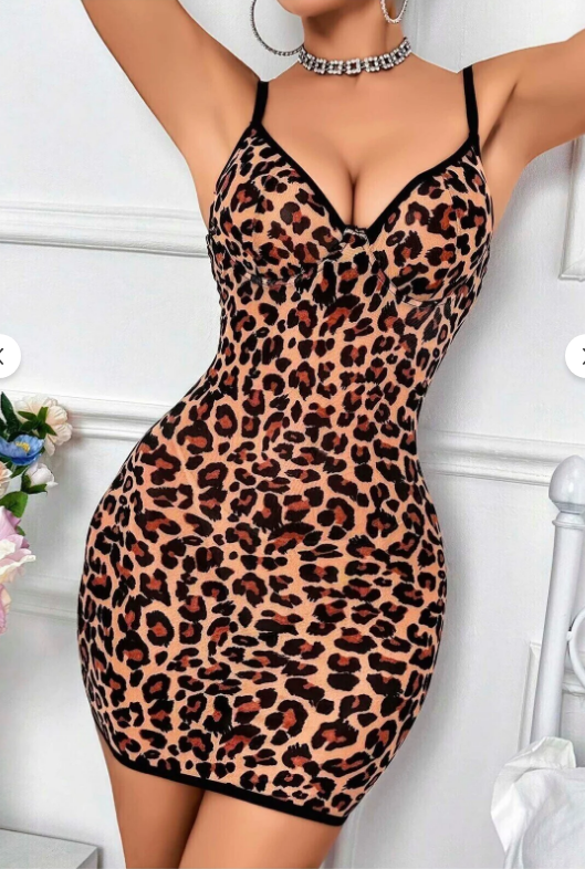 Leopar Hayvan Desenli Arkası Çapraz Bağlama Detaylı Tül Mini Gecelik Takımı