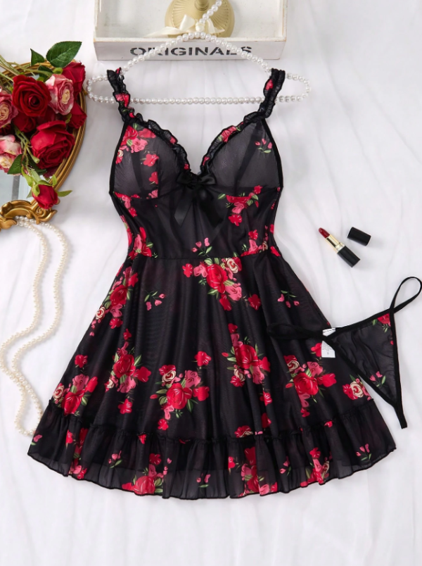 Mavi Leopar Yırtmaçlı Uzun Gecelik Gül Desenli Transparan Babydoll Takımı