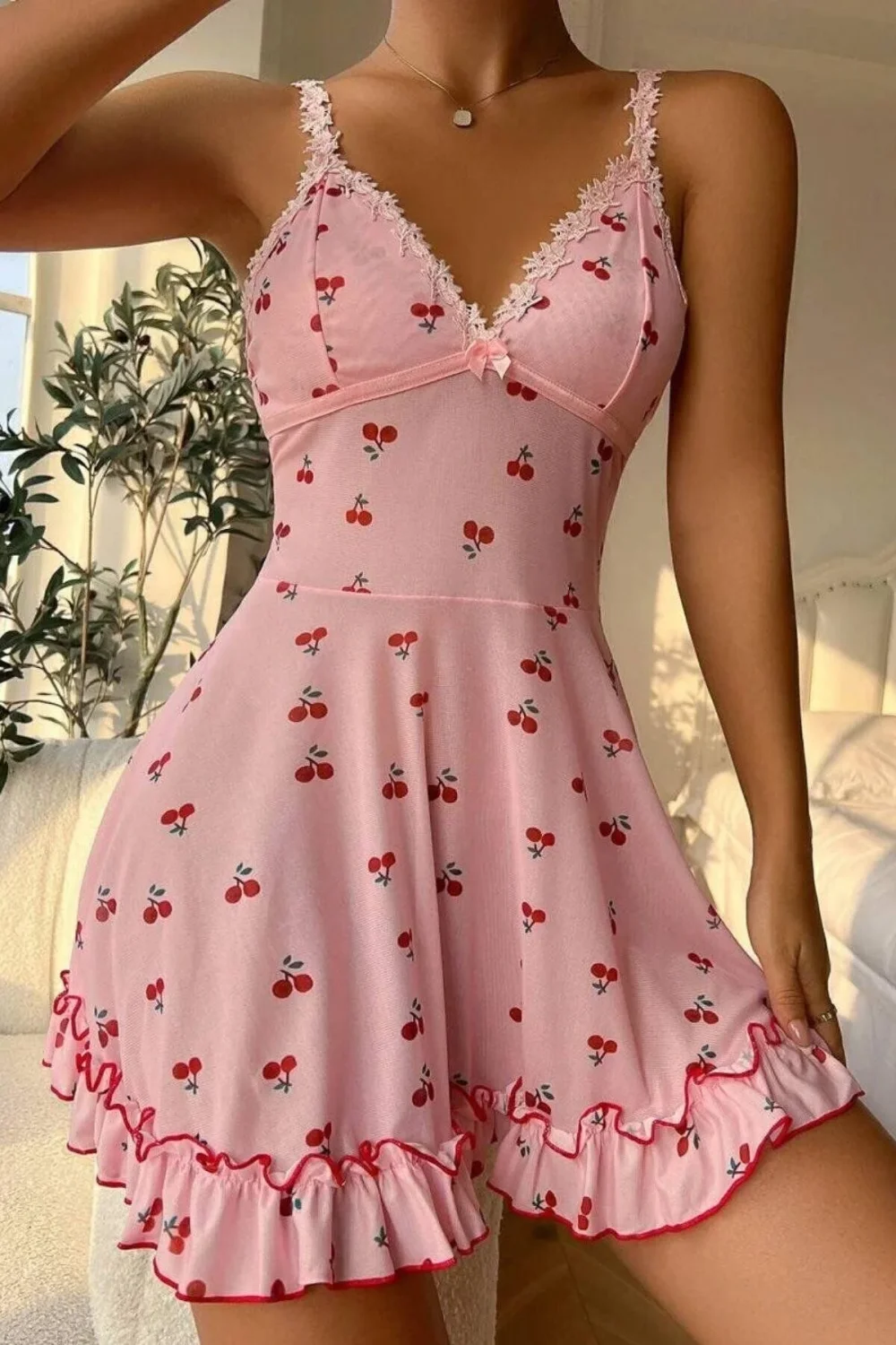 Kadın Pembe Kiraz Baskılı Mini Elbise Askılı Şık Elbise