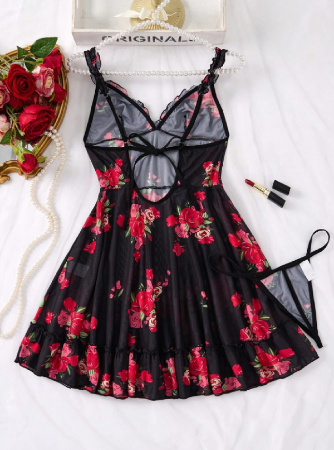 Mavi Leopar Yırtmaçlı Uzun Gecelik Gül Desenli Transparan Babydoll Takımı