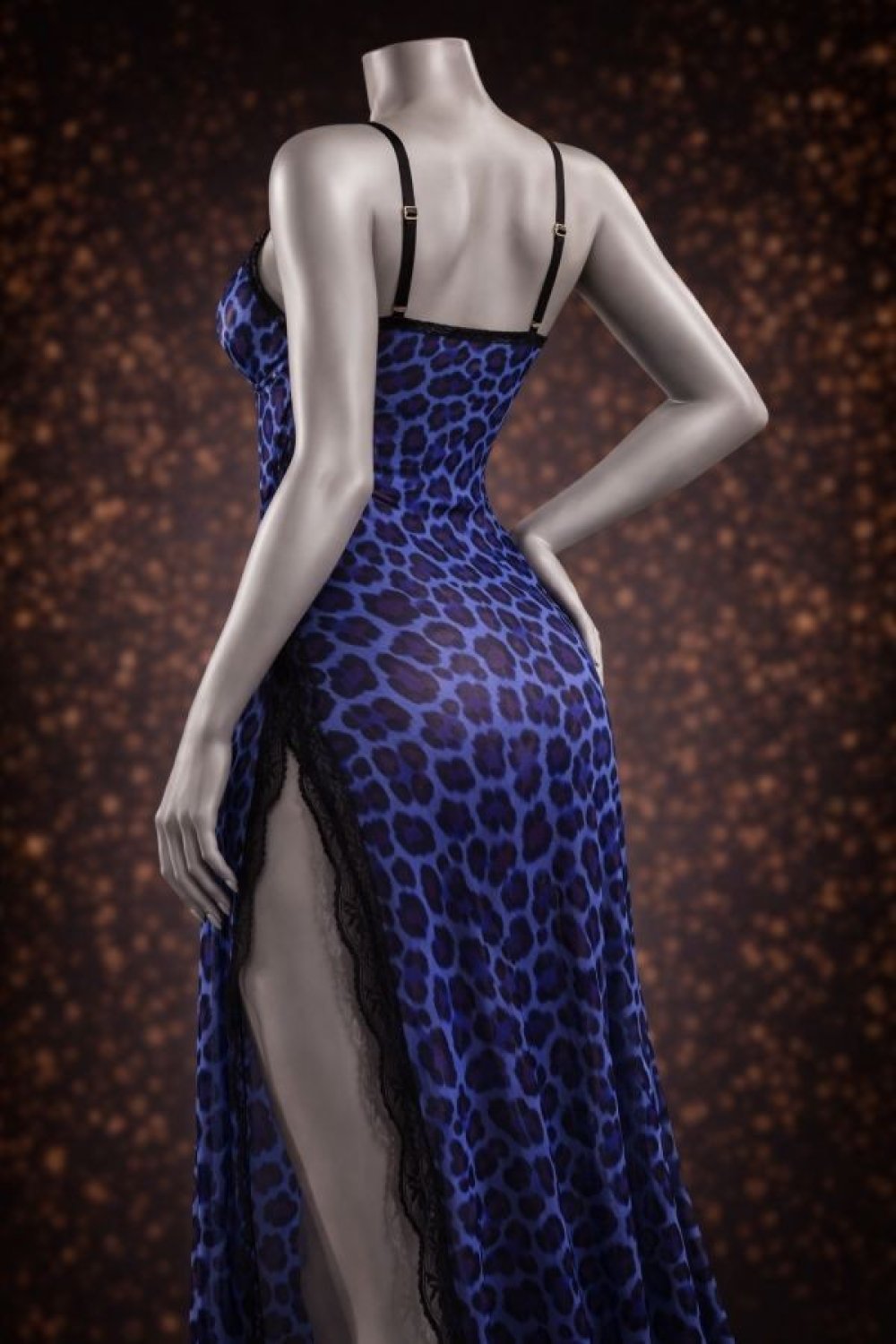 Mavi Leopar Yırtmaçlı Uzun Gecelik Gül Desenli Transparan Babydoll Takımı